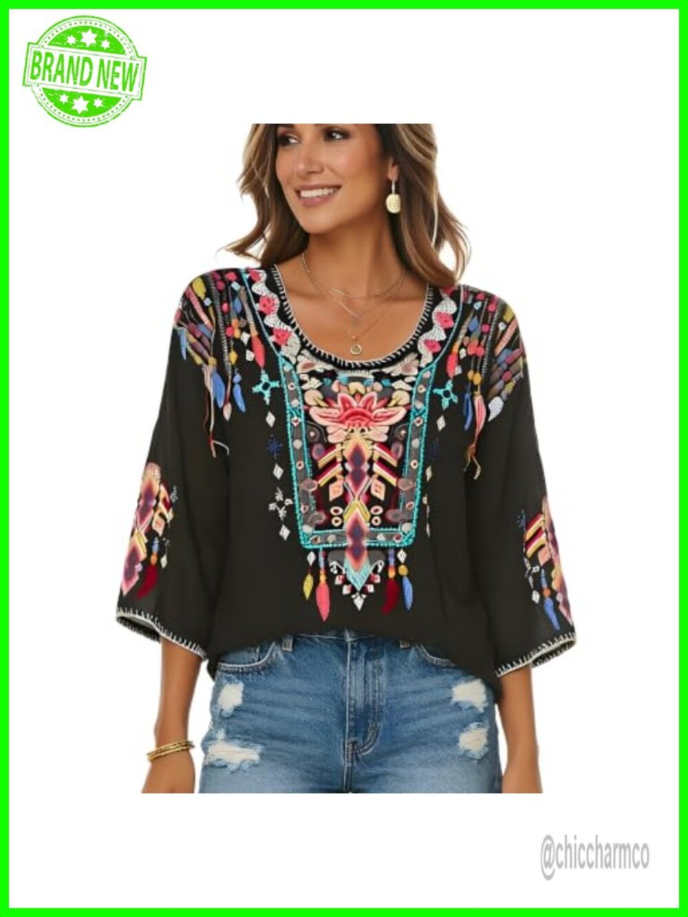 Womens Embroidered Mexican Boho Floral Peasant Tunic Top Fiesta Blouse